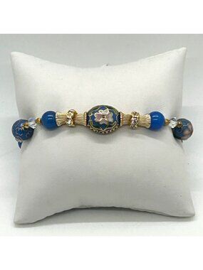 Cloisonné Floral Bracelet With Blue Glass Beads Gold-Tone Accents & Screw Clasp